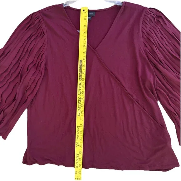 J Jill Bordeaux Pleated Bell Sleeve Top Womens Sz XL V Neck Flowing Dramatic NEW - Picture 12 of 15